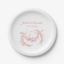 Blush Pink Toile de Jouy Wedding Paper Plates ペーパープレート