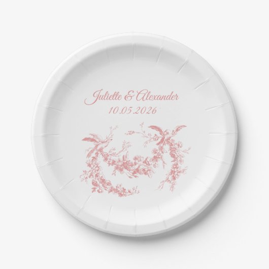 Blush Pink Toile de Jouy Wedding Paper Plates ペーパープレート (正面)