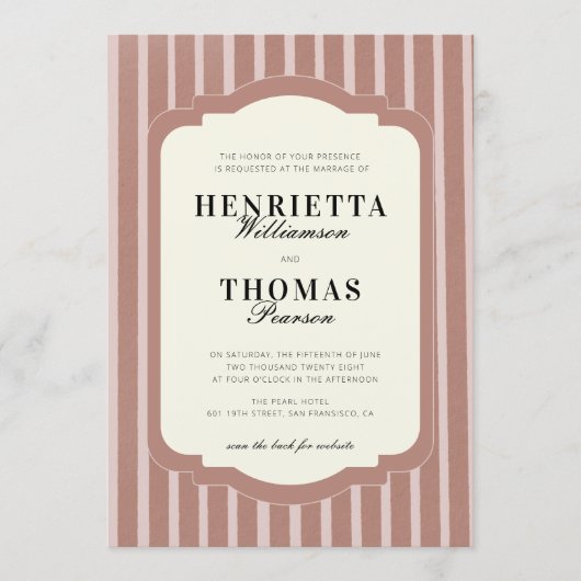 Blush Pink Vertical Stripe QR Wedding Invite 招待状 (正面)