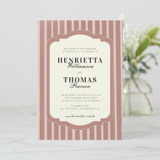 Blush Pink Vertical Stripe QR Wedding Invite 招待状 (スタンド正面)