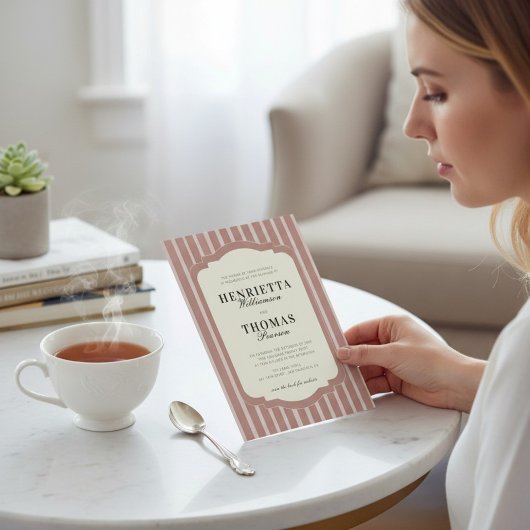 Blush Pink Vertical Stripe QR Wedding Invite 招待状