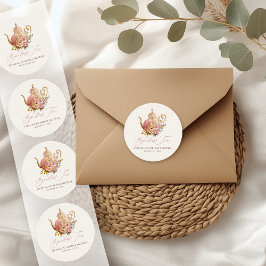 Blush Pink Vintage Floral Teapot Bridal Shower Tea ラウンドシール