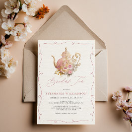 Blush Pink Vintage Floral Teapot Bridal Shower Tea 招待状