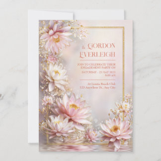 Blush Pink Water Lily Gold Glitter Frame Wedding 招待状