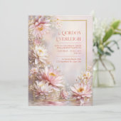 Blush Pink Water Lily Gold Glitter Frame Wedding 招待状 (スタンド正面)