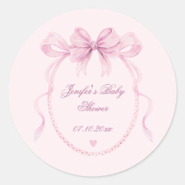 Blush Pink Watercolor Bow Baby Shower Favor Label ラウンドシール