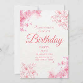 Blush Pink Watercolor Floral Birthday Party 招待状