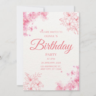 Blush Pink Watercolor Floral Birthday Party 招待状