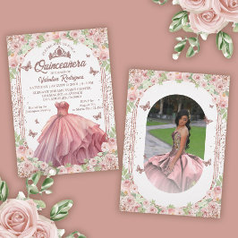 Blush Pink Watercolor Floral Glitter Quinceanera 招待状