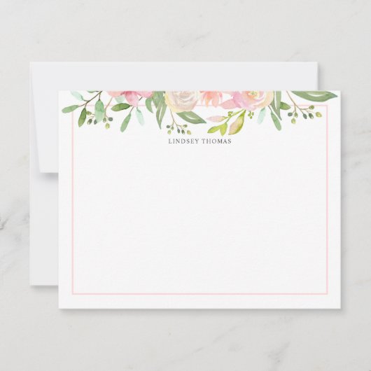 Blush Pink Watercolor Floral Personalized ノートカード (正面)