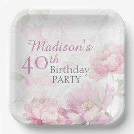 Blush Pink Watercolor Peony 40th Birthday ペーパープレート