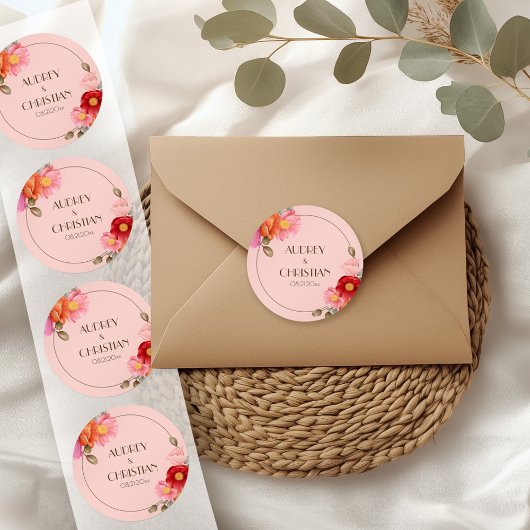 Blush Pink Watercolor Poppy Wedding Sticker ラウンドシール