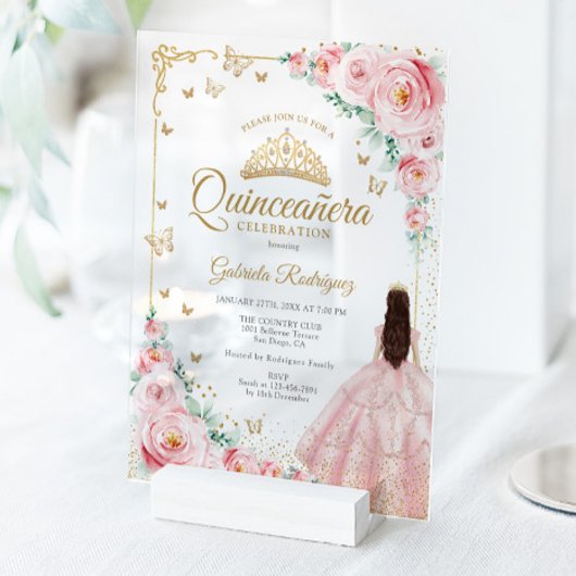 Blush Pink Watercolor Roses Gold Quinceanera アクリル招待状