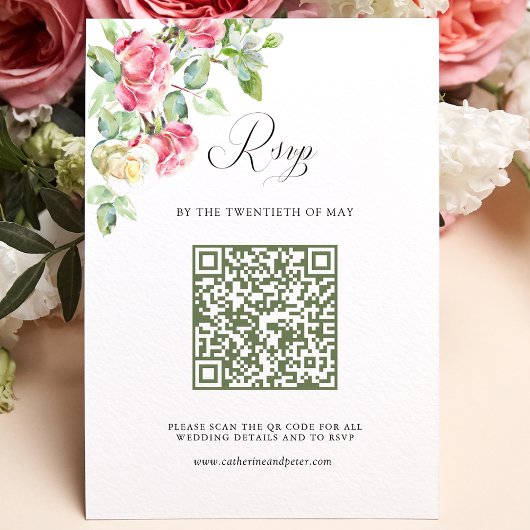 Blush Pink Watercolor Roses QR Code Wedding 出欠カード