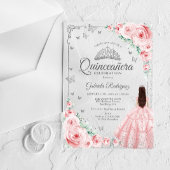 Blush Pink Watercolor Roses Silver Quinceanera アクリル招待状