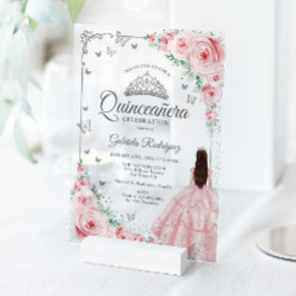 Blush Pink Watercolor Roses Silver Quinceanera アクリル招待状