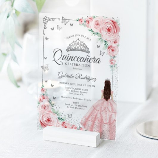 Blush Pink Watercolor Roses Silver Quinceanera アクリル招待状