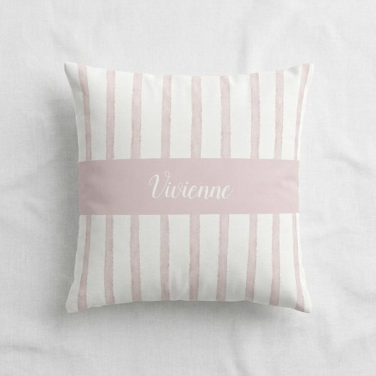 Blush Pink Watercolor Stripes Monogram Name クッション