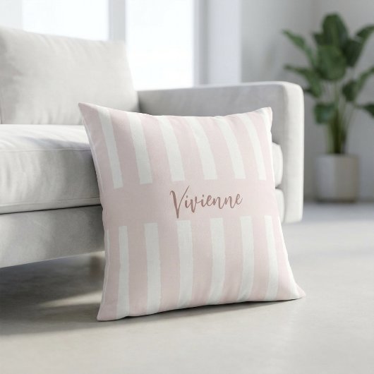 Blush Pink Watercolor Stripes Monogram Name クッション