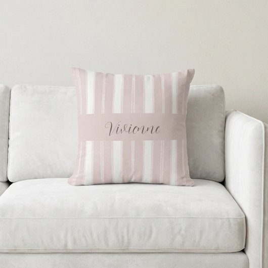 Blush Pink Watercolor Stripes Monogram Name クッション