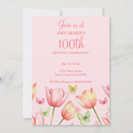 Blush Pink Watercolor Tulips 100th Birthday Party 招待状