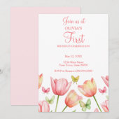 Blush Pink Watercolor Tulips 1st Birthday Party  招待状 (正面/裏面)