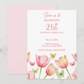 Blush Pink Watercolor Tulips 21st Birthday Party  招待状 (正面/裏面)