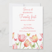 Blush Pink Watercolor Tulips 21st Birthday Party 招待状 (正面)