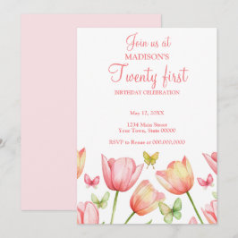 Blush Pink Watercolor Tulips 21st Birthday Party 招待状