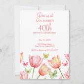 Blush Pink Watercolor Tulips 40th Birthday Party  招待状 (正面)