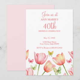 Blush Pink Watercolor Tulips 40th Birthday Party 招待状