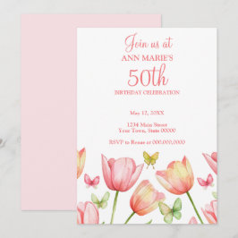 Blush Pink Watercolor Tulips 50th Birthday Party 招待状