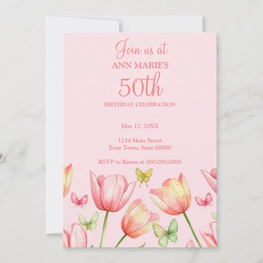Blush Pink Watercolor Tulips 50th Birthday Party  招待状 (正面)