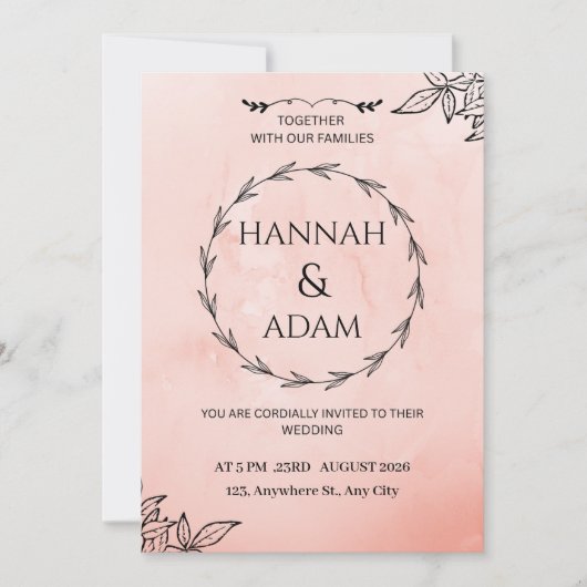 Blush Pink Watercolor Wreath Wedding Invitation 招待状 (正面)