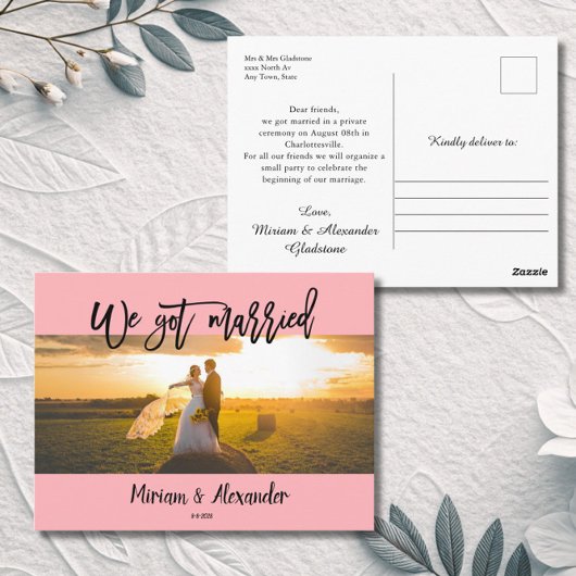 Blush Pink We eloped Wedding announcement Postcard ポストカード