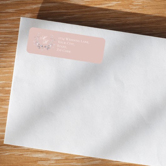Blush Pink Wedding Monogram Floral Script ラベル