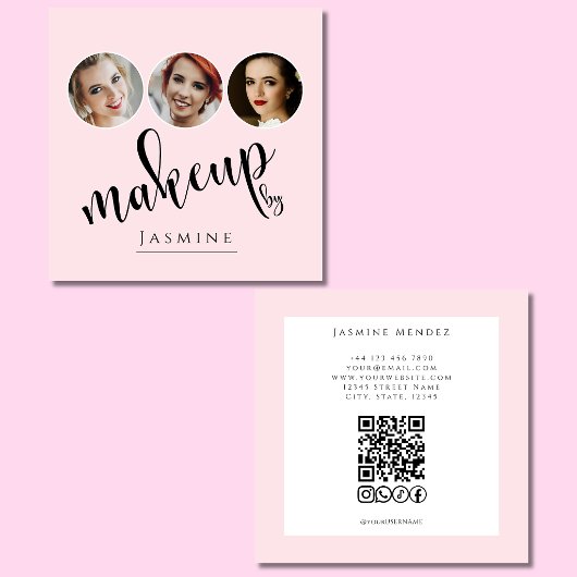 Blush Pink White 3 Photo MUA QR Code ソーシャル スクエア名刺