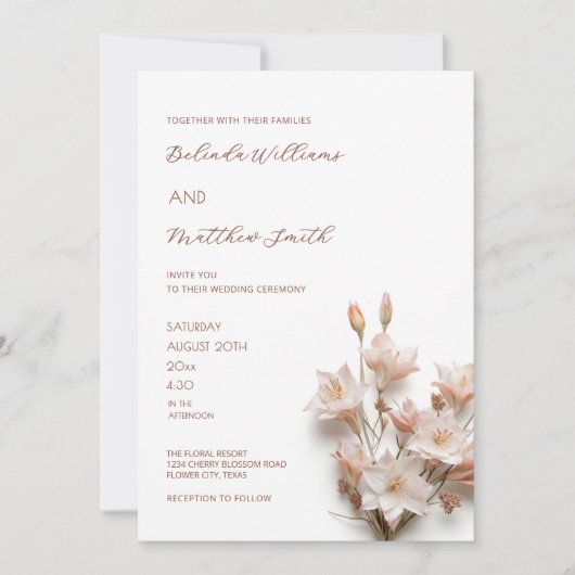 Blush Pink White 3D Flowers  招待状 (正面)