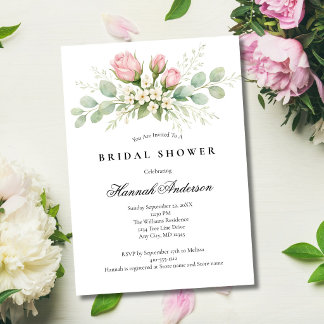 Blush Pink White Florals Elegant Bridal Shower 招待状
