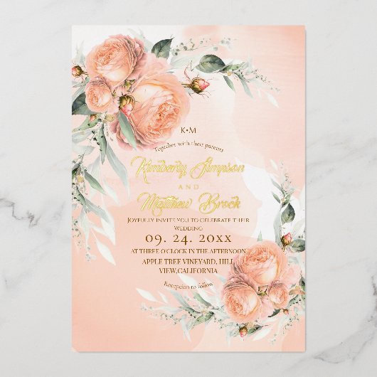 Blush Pink White Rose Wedding 箔招待状 (正面)