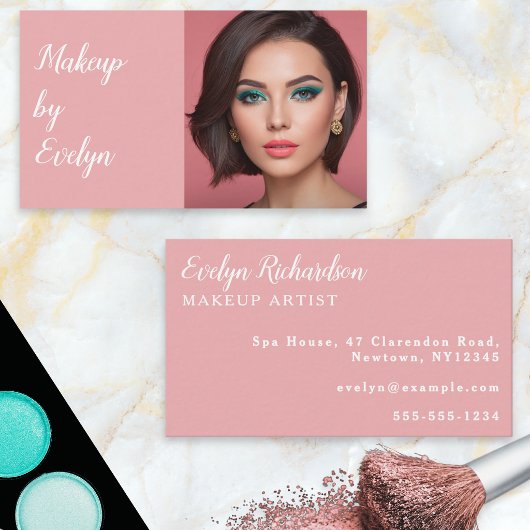 Blush Pink White Script Photo Makeup Business Card 名刺