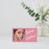 Blush Pink White Script Photo Makeup Business Card 名刺 (スタンド正面)