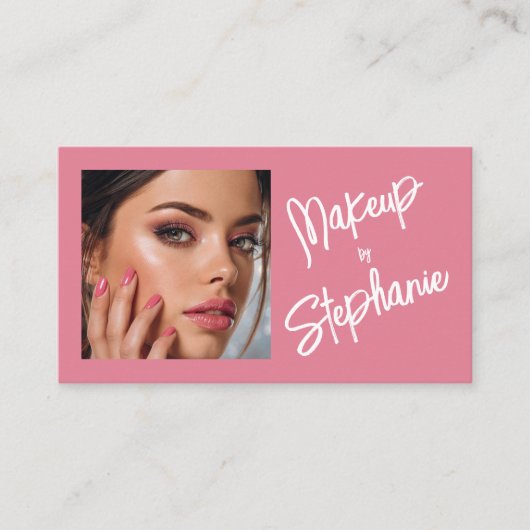 Blush Pink White Script Photo Makeup Business Card 名刺 (正面)
