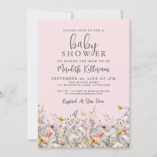 Blush Pink Wildflower Baby Shower 招待状 (正面)