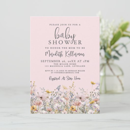 Blush Pink Wildflower Baby Shower 招待状 (スタンド正面)