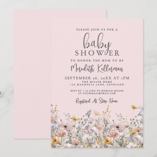Blush Pink Wildflower Baby Shower 招待状 (正面/裏面)