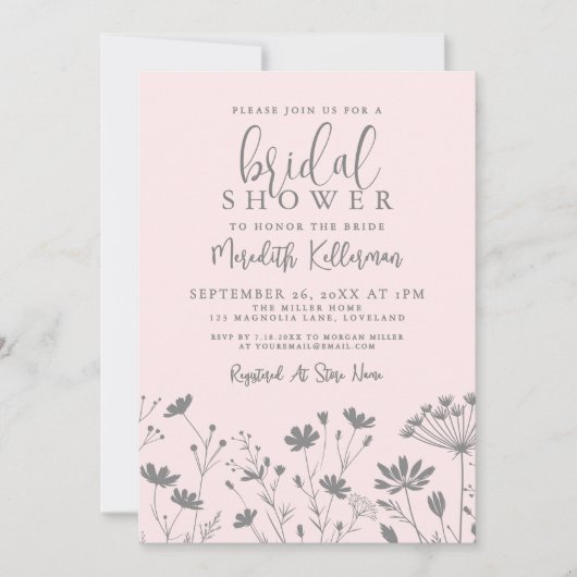Blush Pink Wildflower Bridal Shower 招待状 (正面)