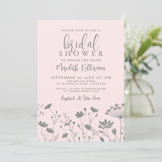 Blush Pink Wildflower Bridal Shower 招待状 (スタンド正面)
