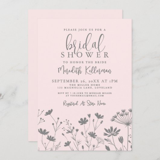 Blush Pink Wildflower Bridal Shower 招待状 (正面/裏面)