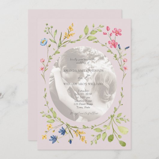 Blush Pink Wildflower Photo Wedding 招待状 (正面/裏面)